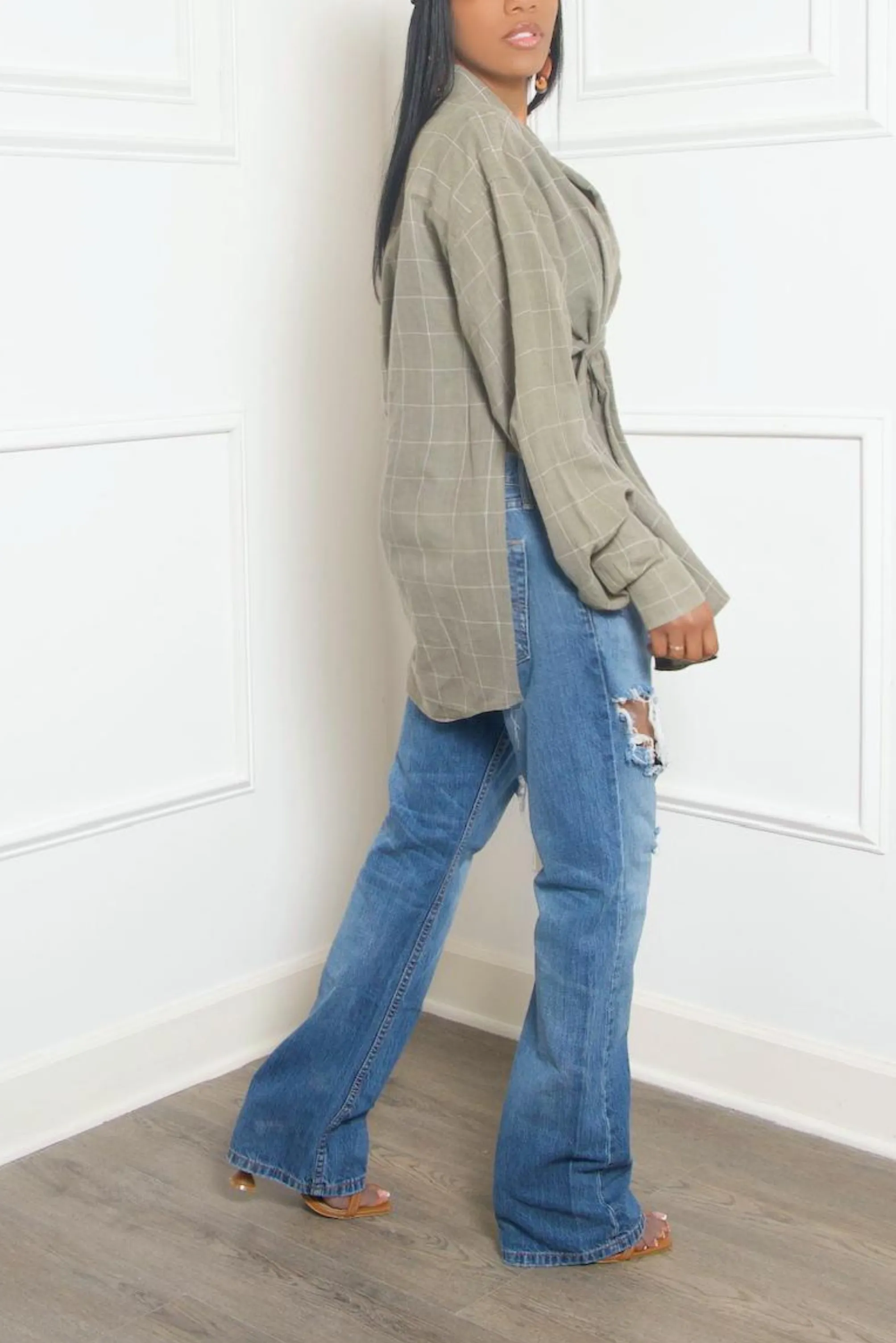 Moss Green plaid button up split crossover Shirt