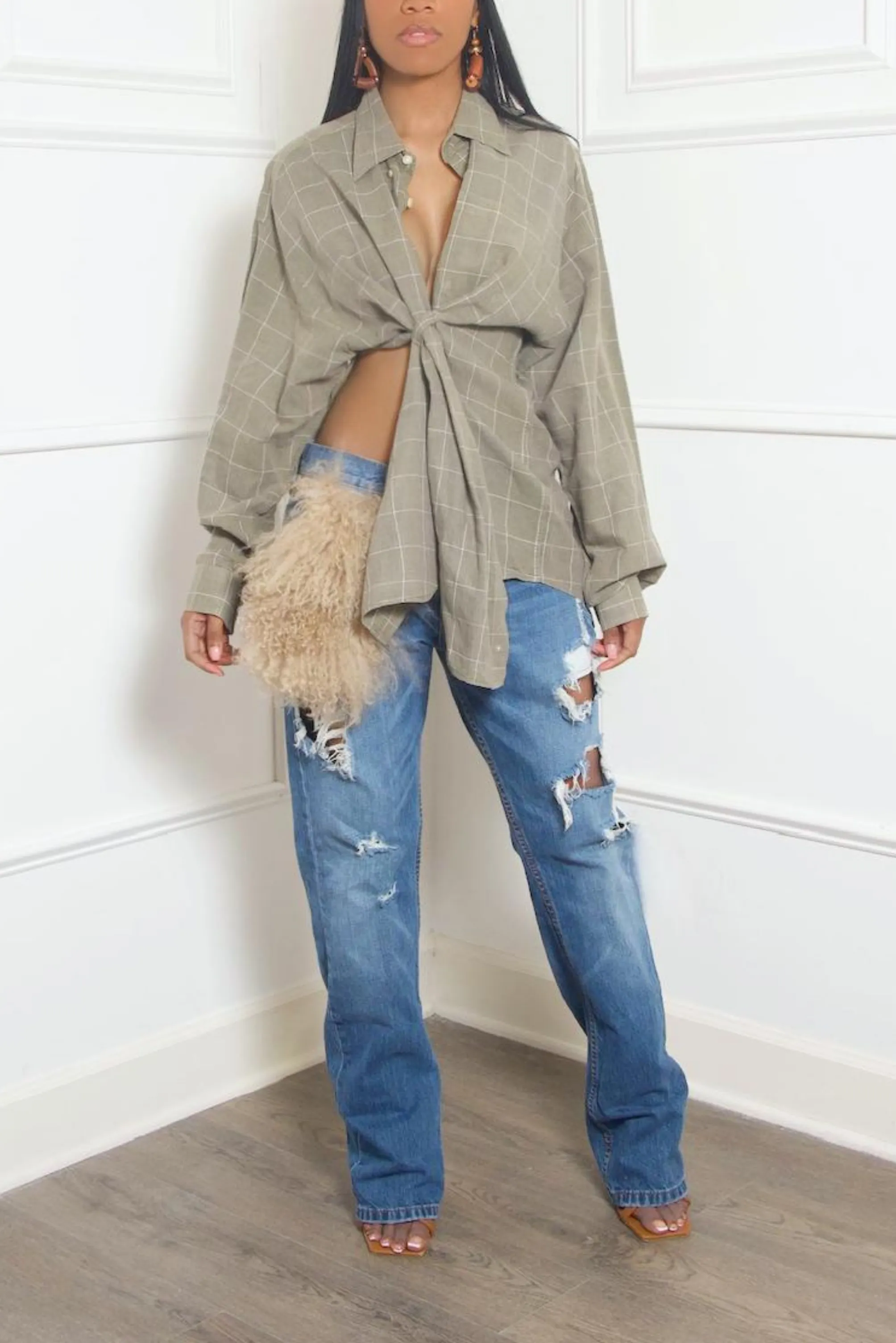 Moss Green plaid button up split crossover Shirt