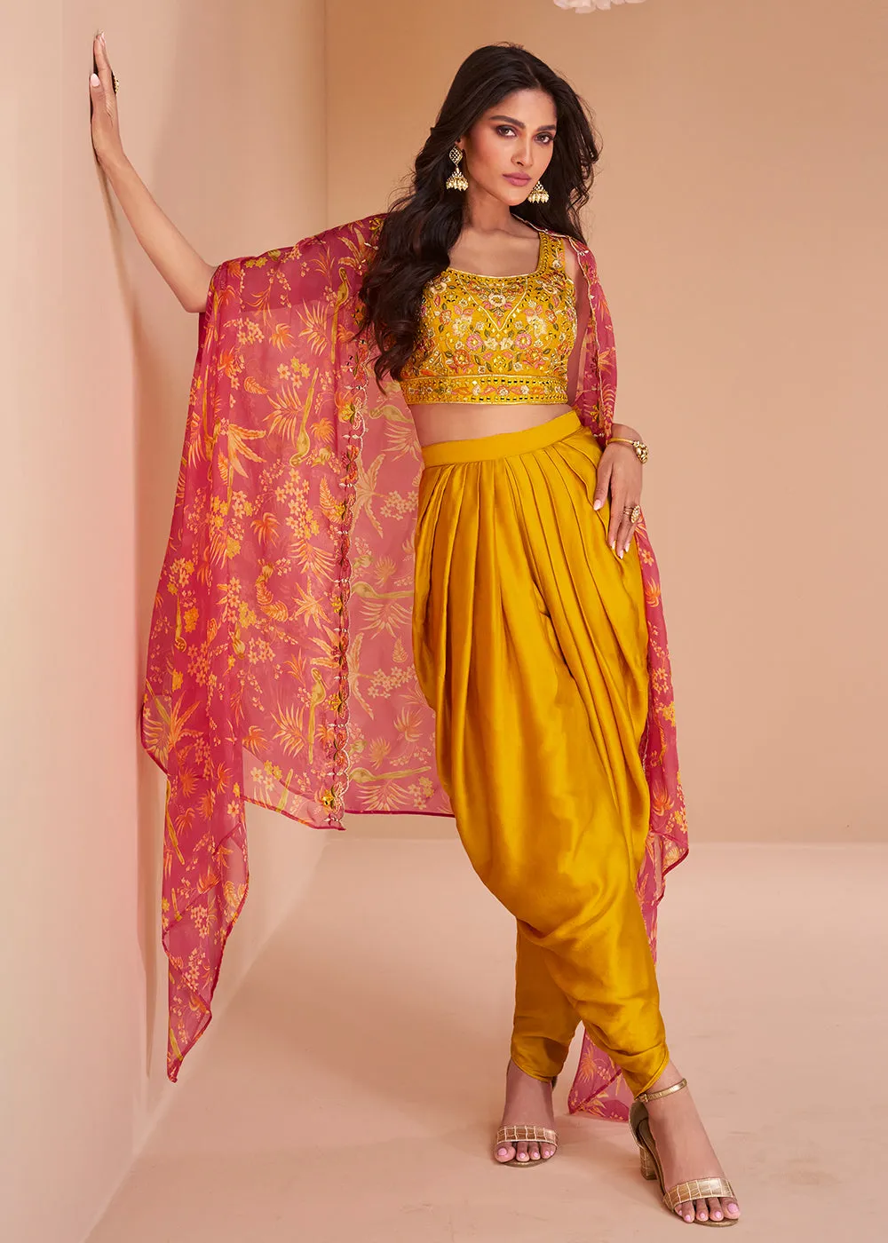 Mustard Yellow Satin Silk Indo Western Style Dhoti Pant Suit