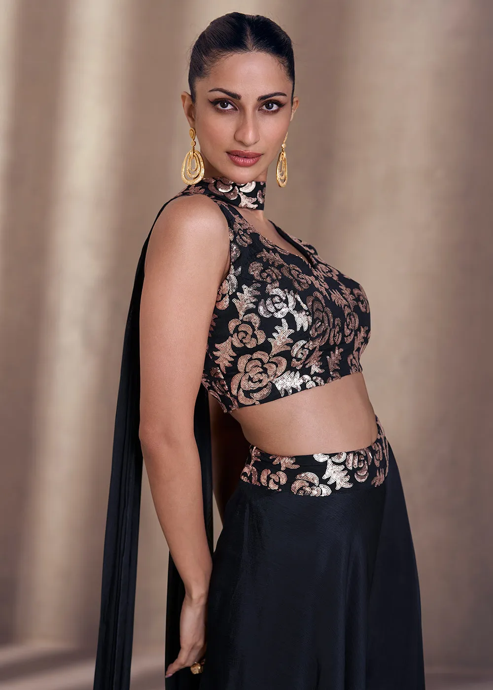 Navy Blue Real Chinnon Indo Western Palazzo Suit