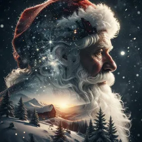 Old Man Christmas Night Sky Backdrop AI Enhanced Digital Art Print Download – Vintage Holiday Santa Claus Illustration, Woodland Creatures