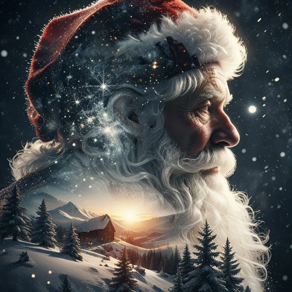 Old Man Christmas Night Sky Backdrop AI Enhanced Digital Art Print Download – Vintage Holiday Santa Claus Illustration, Woodland Creatures