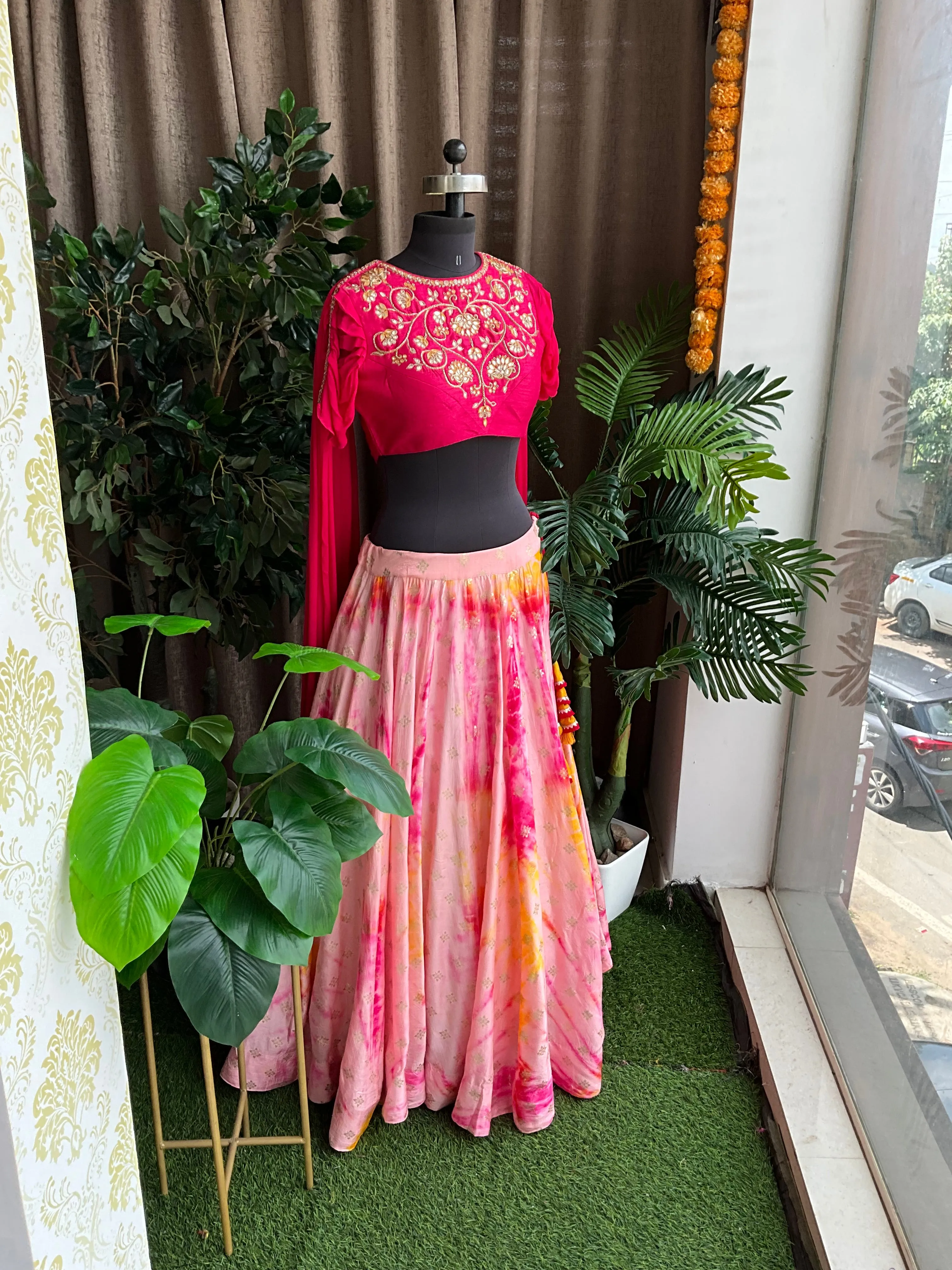 Peach & pink tie and dye ethnic lehenga