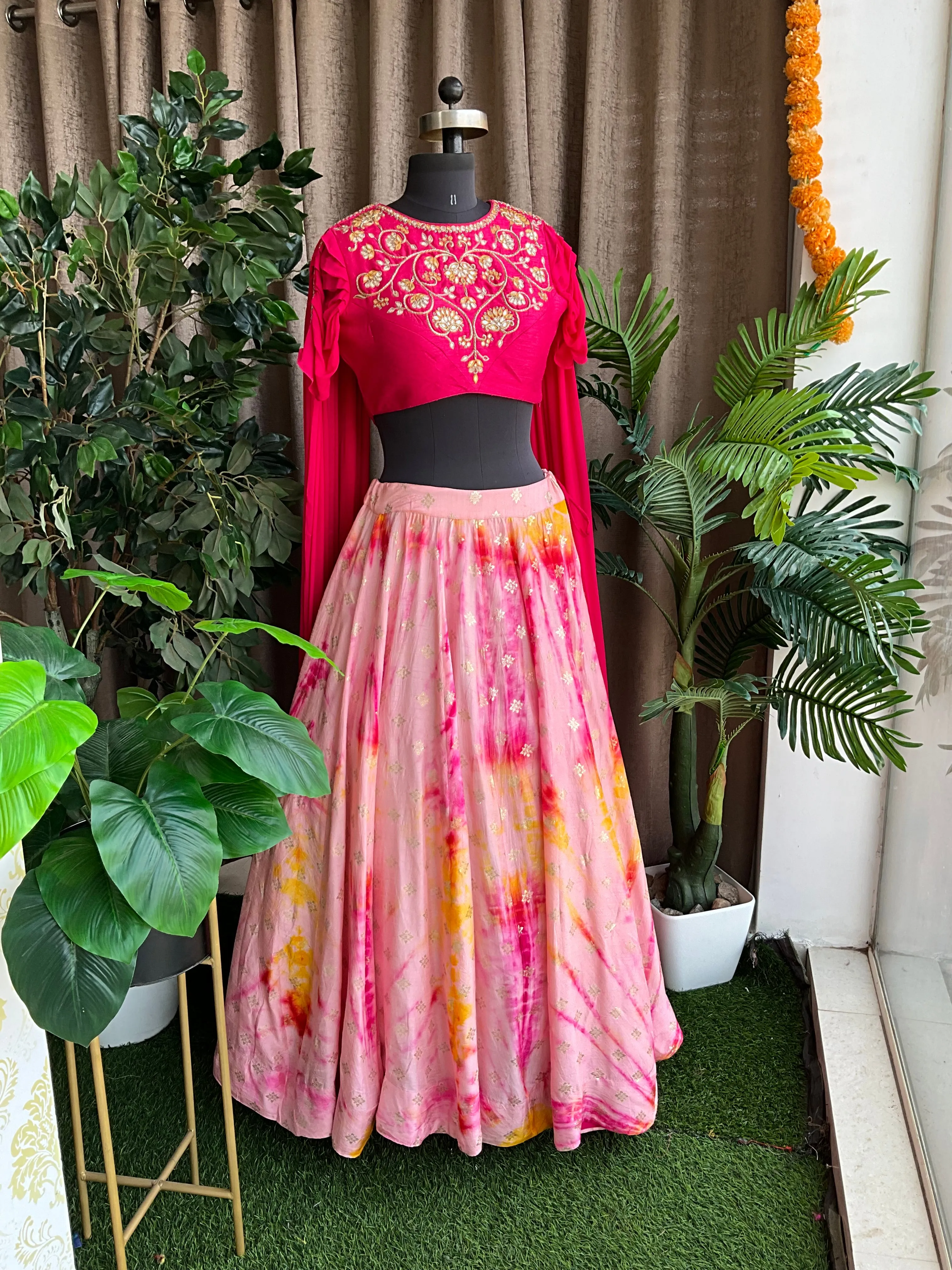 Peach & pink tie and dye ethnic lehenga