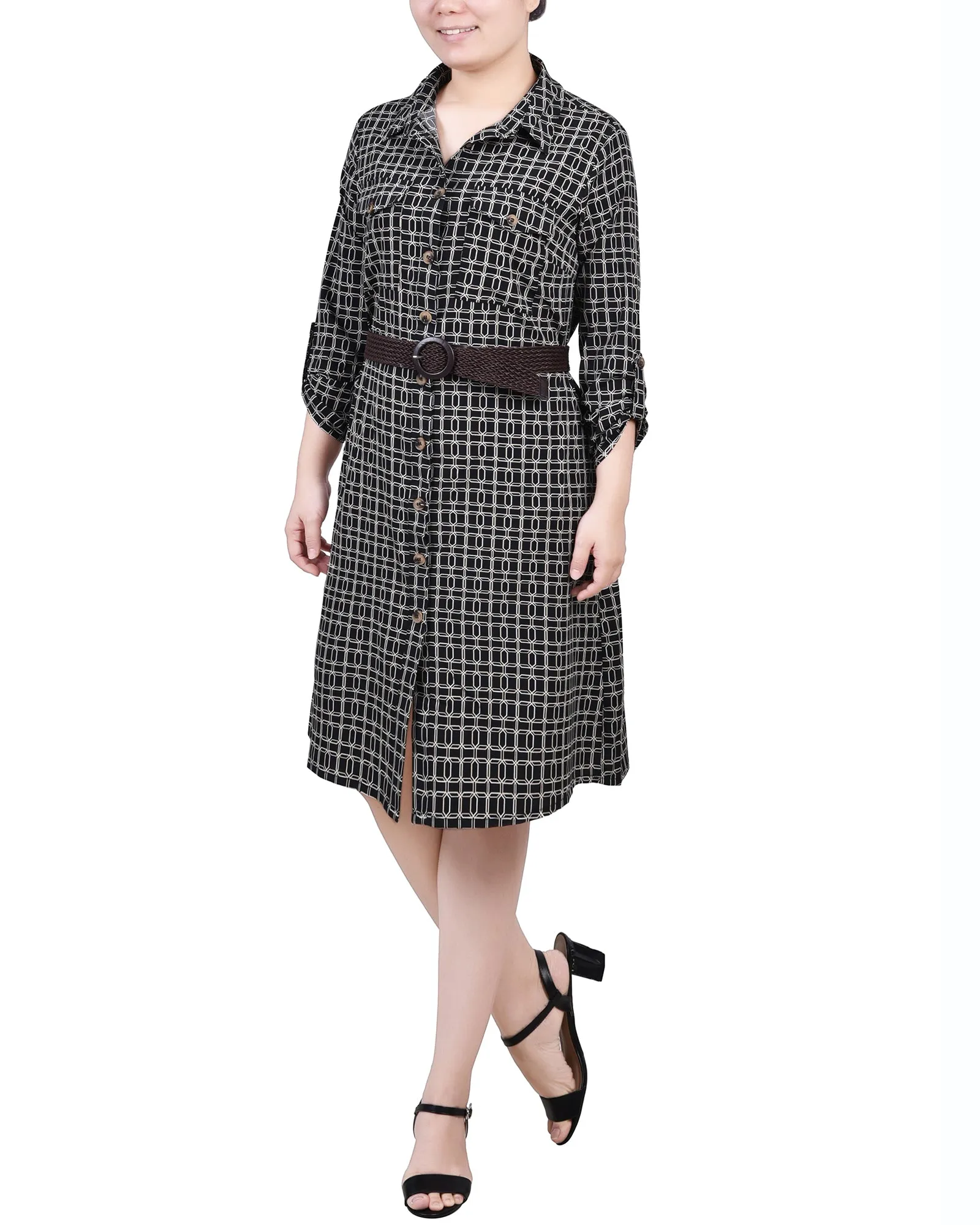 Petite 3/4 Roll Tab Sleeve Shirtdress