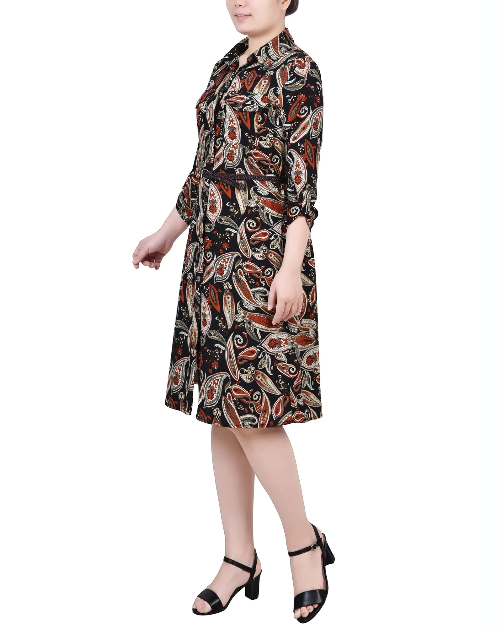 Petite 3/4 Roll Tab Sleeve Shirtdress