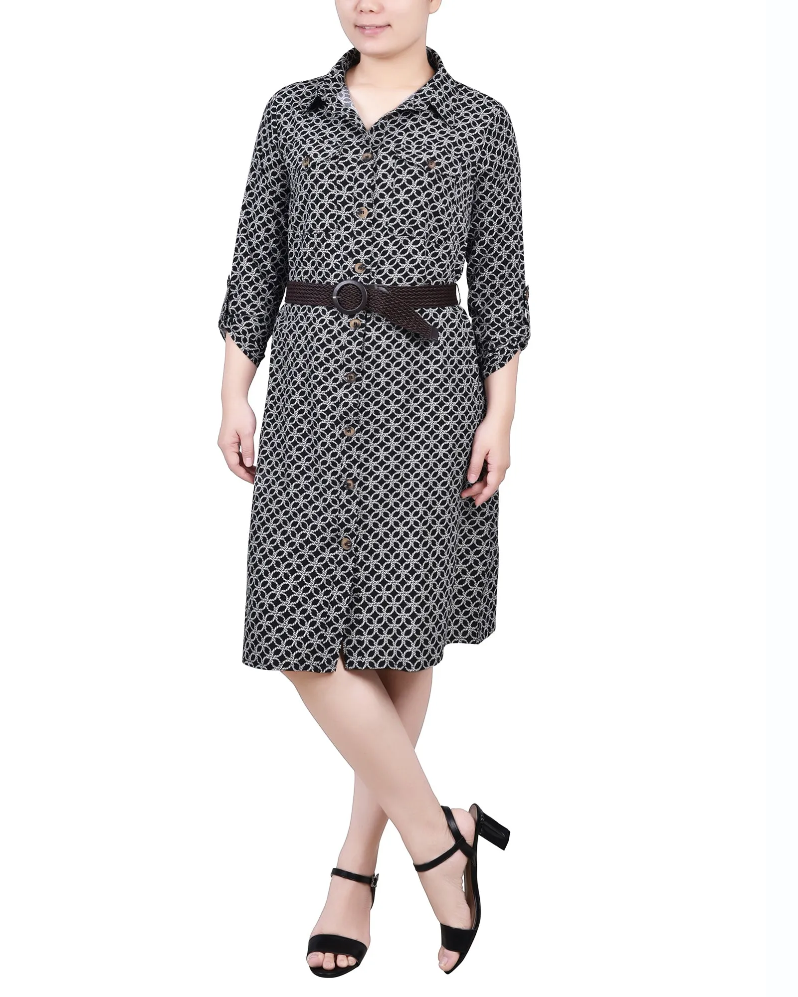 Petite 3/4 Roll Tab Sleeve Shirtdress