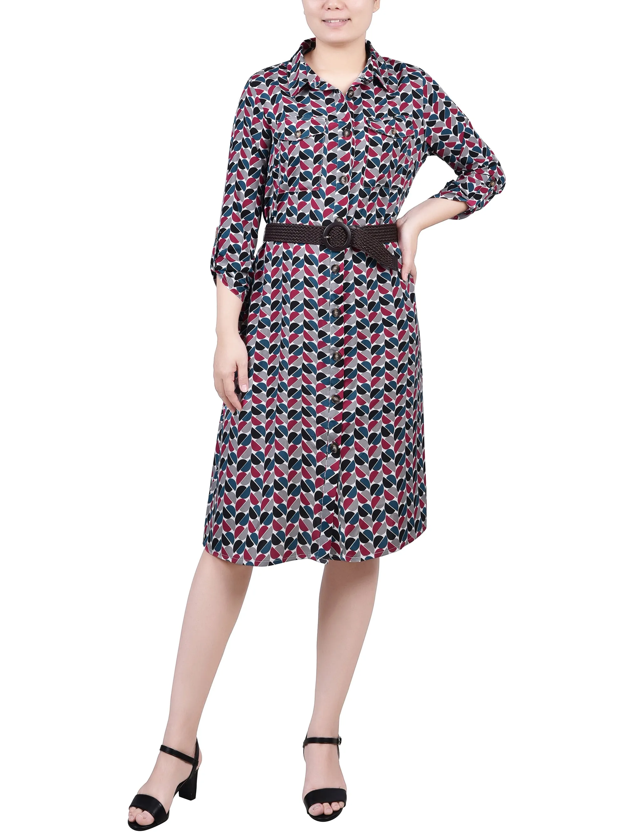 Petite 3/4 Roll Tab Sleeve Shirtdress