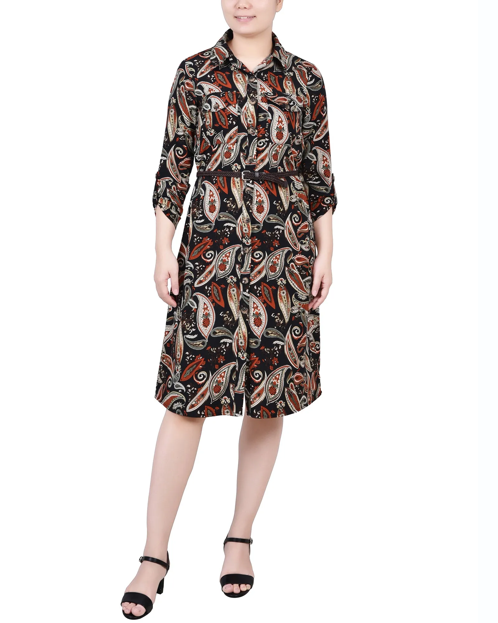Petite 3/4 Roll Tab Sleeve Shirtdress