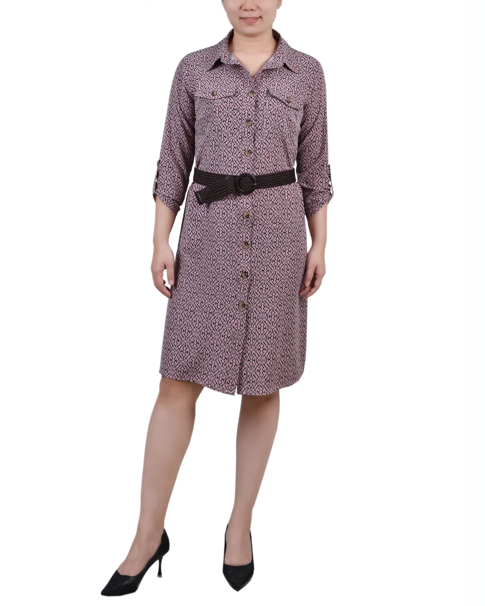 Petite 3/4 Roll Tab Sleeve Shirtdress