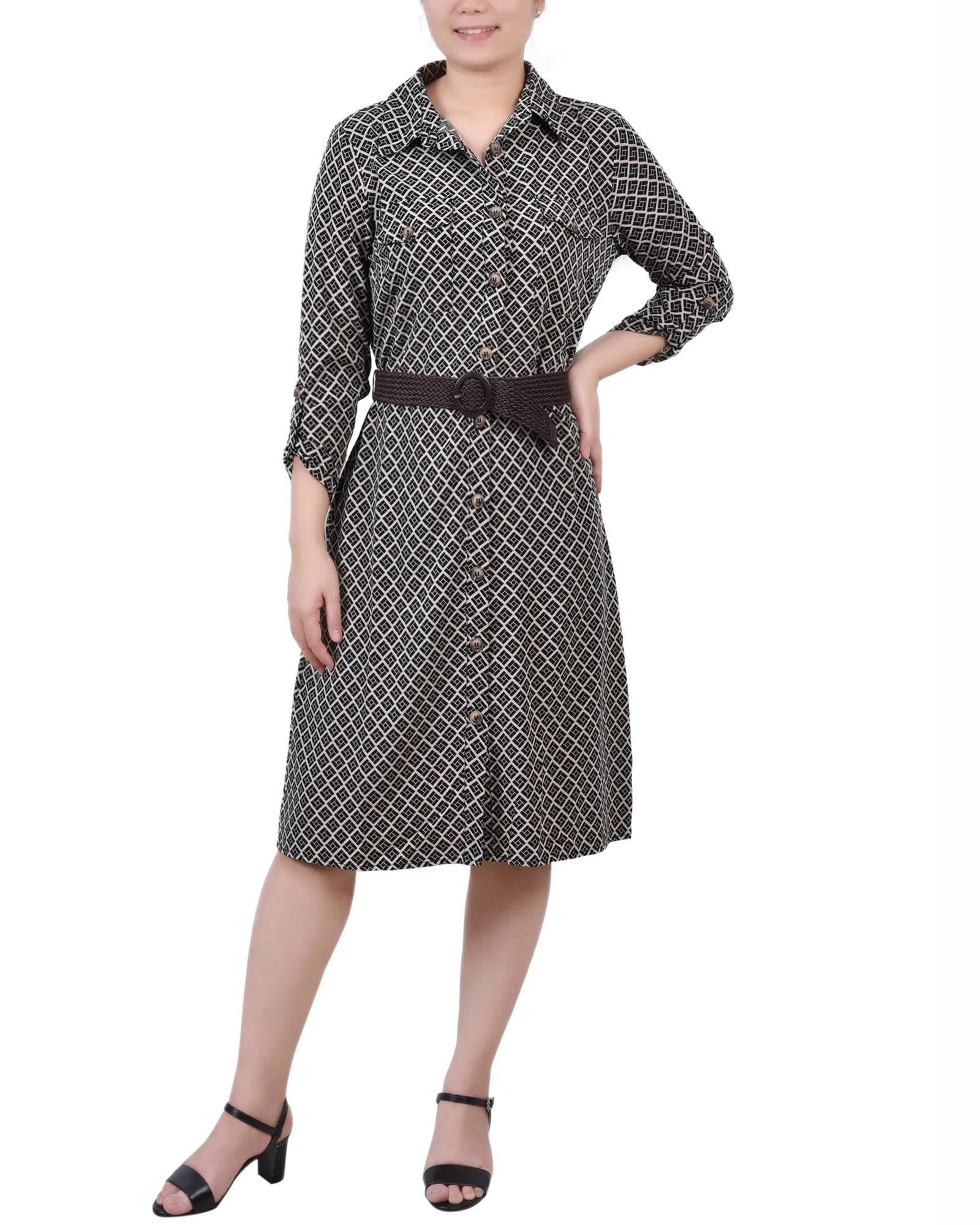 Petite 3/4 Roll Tab Sleeve Shirtdress