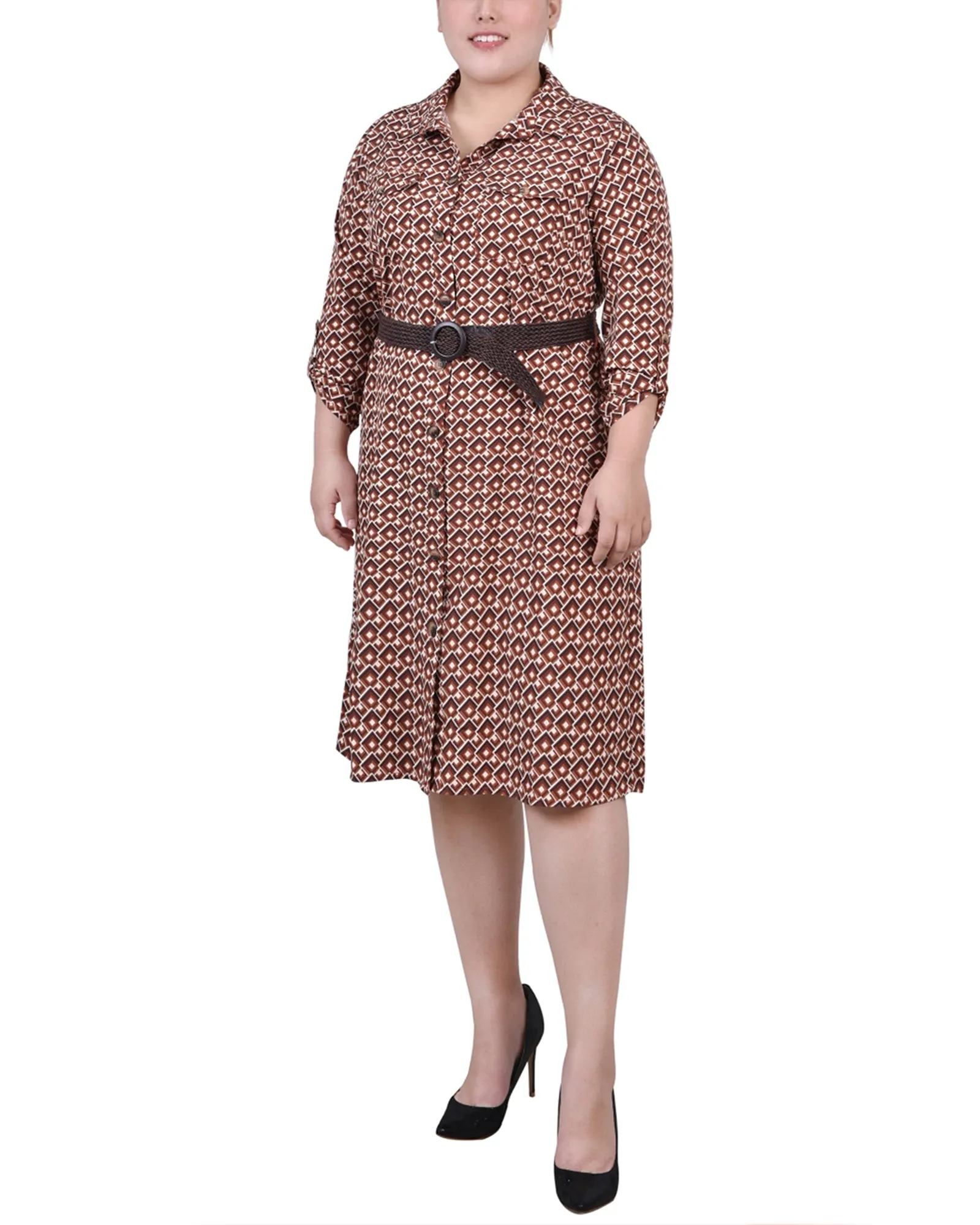 Plus Size 3/4 Roll Tab Sleeve Shirtdress