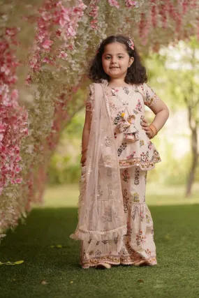 Pre Order: Peach Cotton Print Kurti Sharara and Peach Net Dupatta