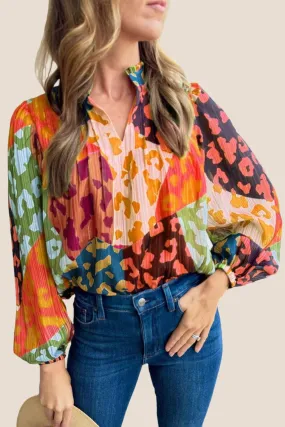Printed Long Sleeve Pleated Summer Blouse Top - Orange