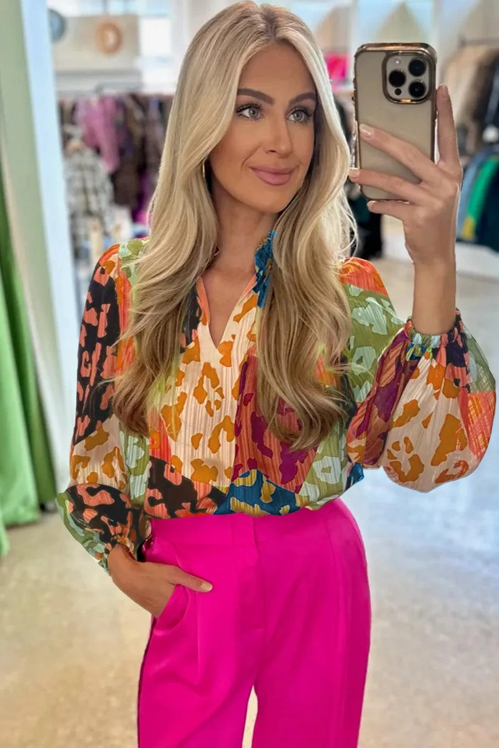 Printed Long Sleeve Pleated Summer Blouse Top - Orange