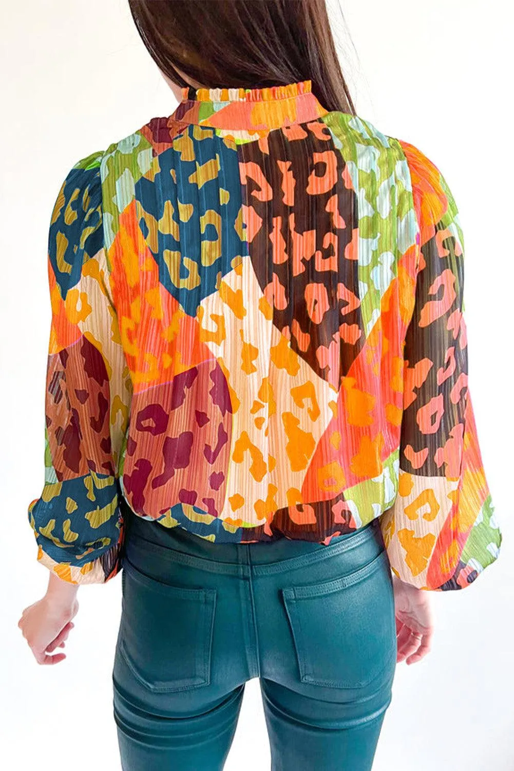 Printed Long Sleeve Pleated Summer Blouse Top - Orange