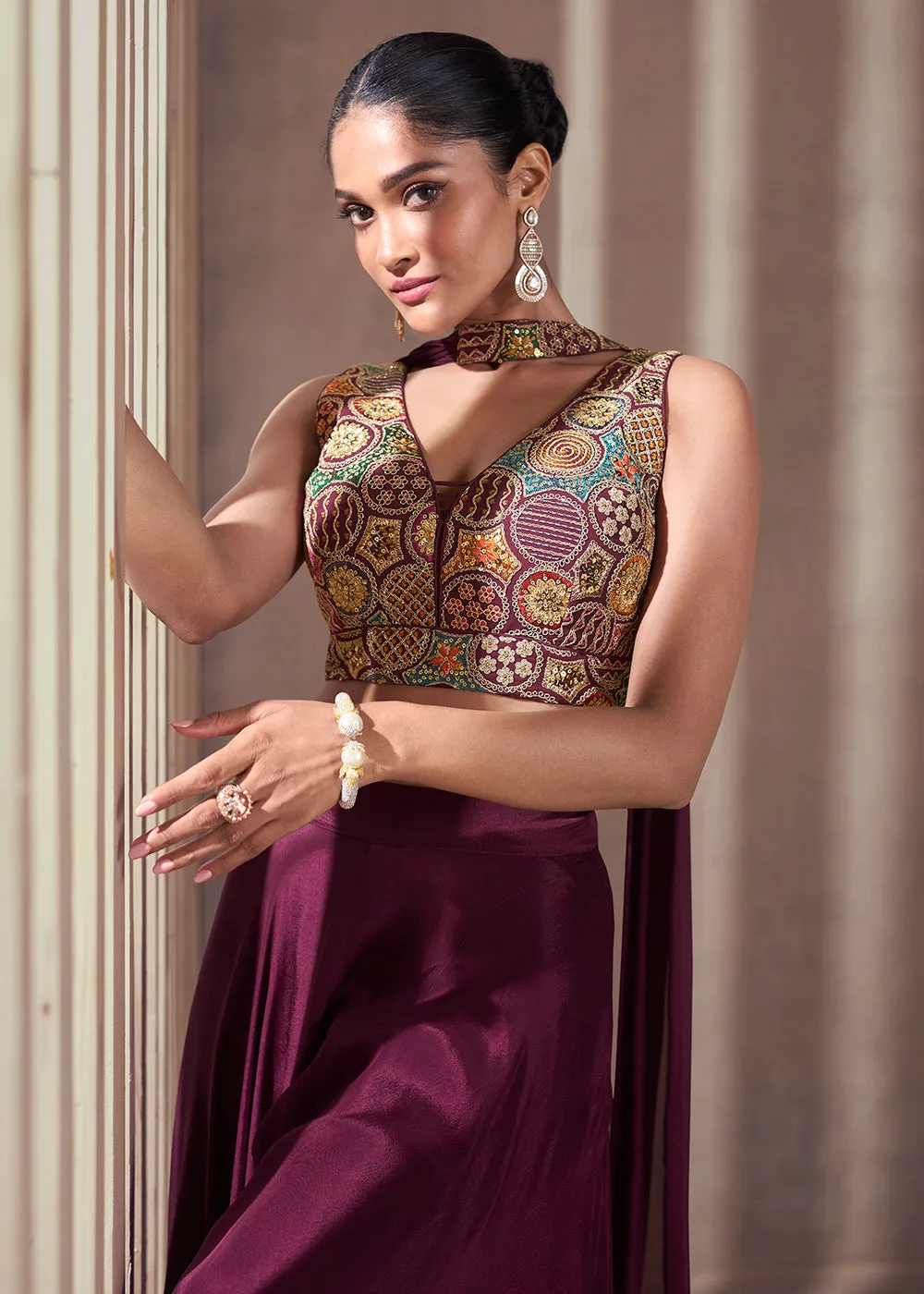 Purple Real Chinnon Indo Western Palazzo Suit
