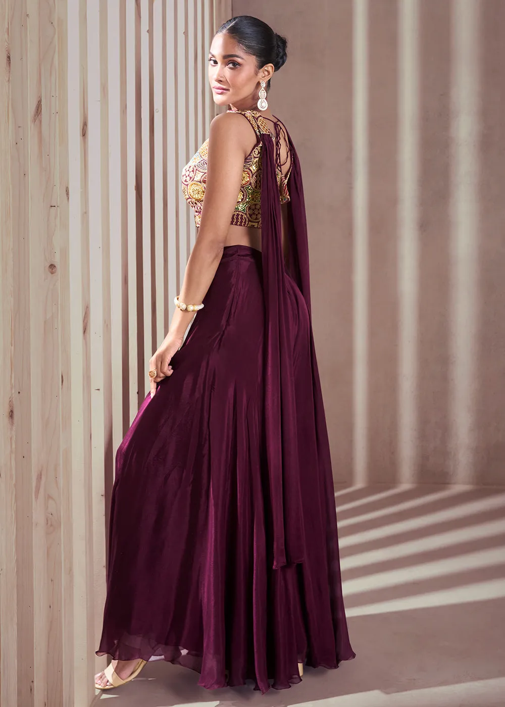 Purple Real Chinnon Indo Western Palazzo Suit