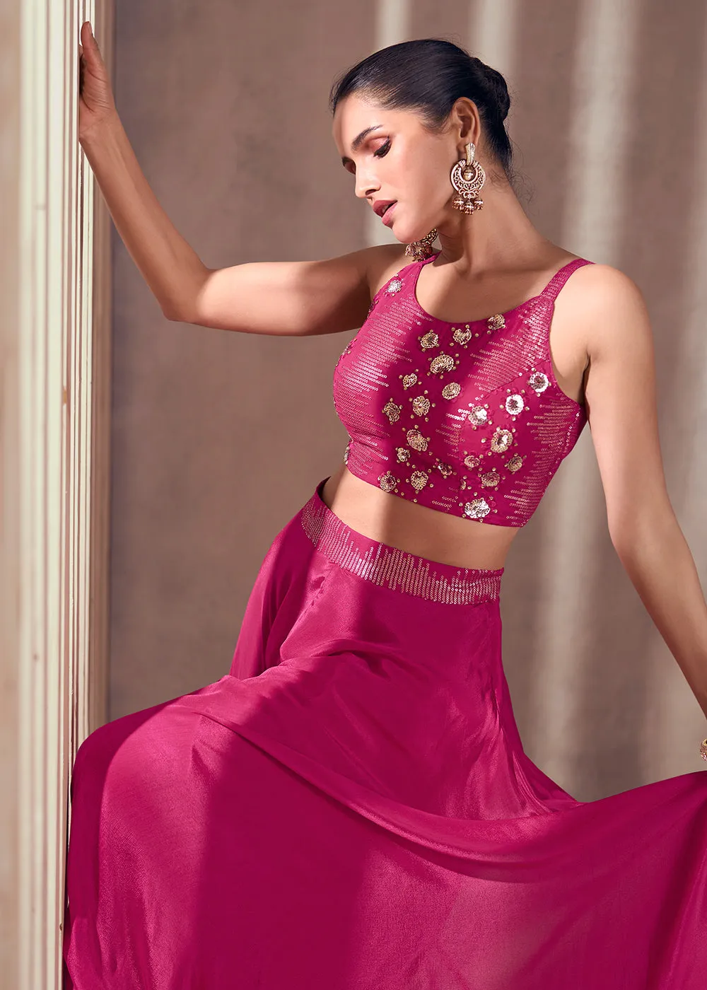 Rani Pink Real Chinnon Indo Western Palazzo Suit