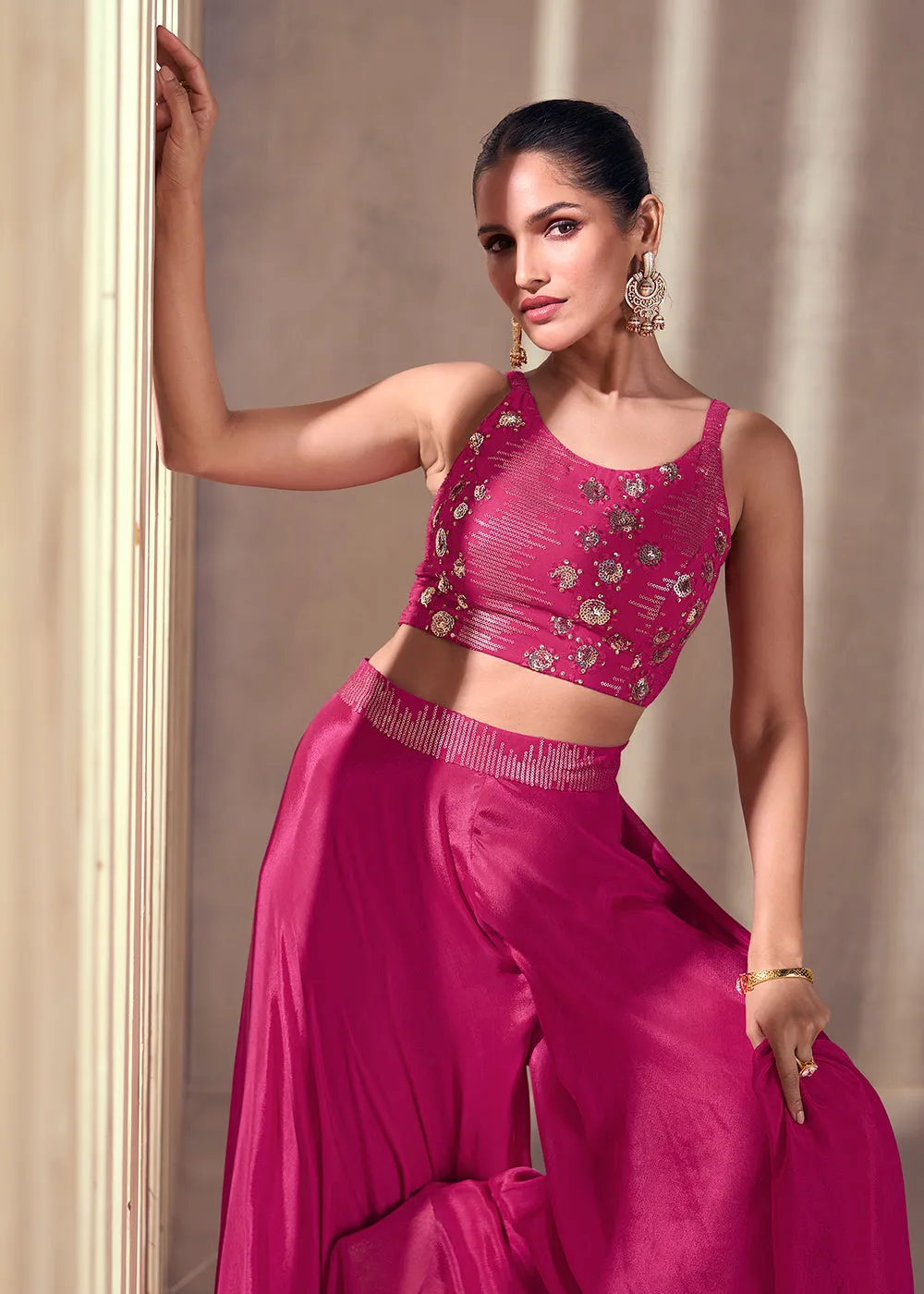 Rani Pink Real Chinnon Indo Western Palazzo Suit