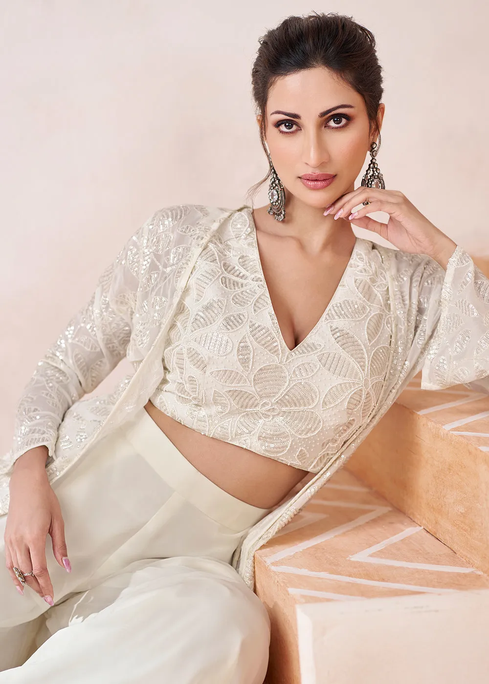 Real Georgette White Indo Western Palazzo Suit