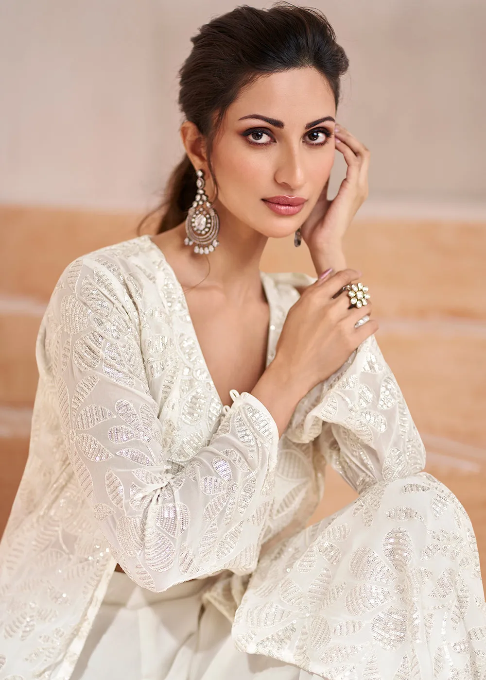 Real Georgette White Indo Western Palazzo Suit