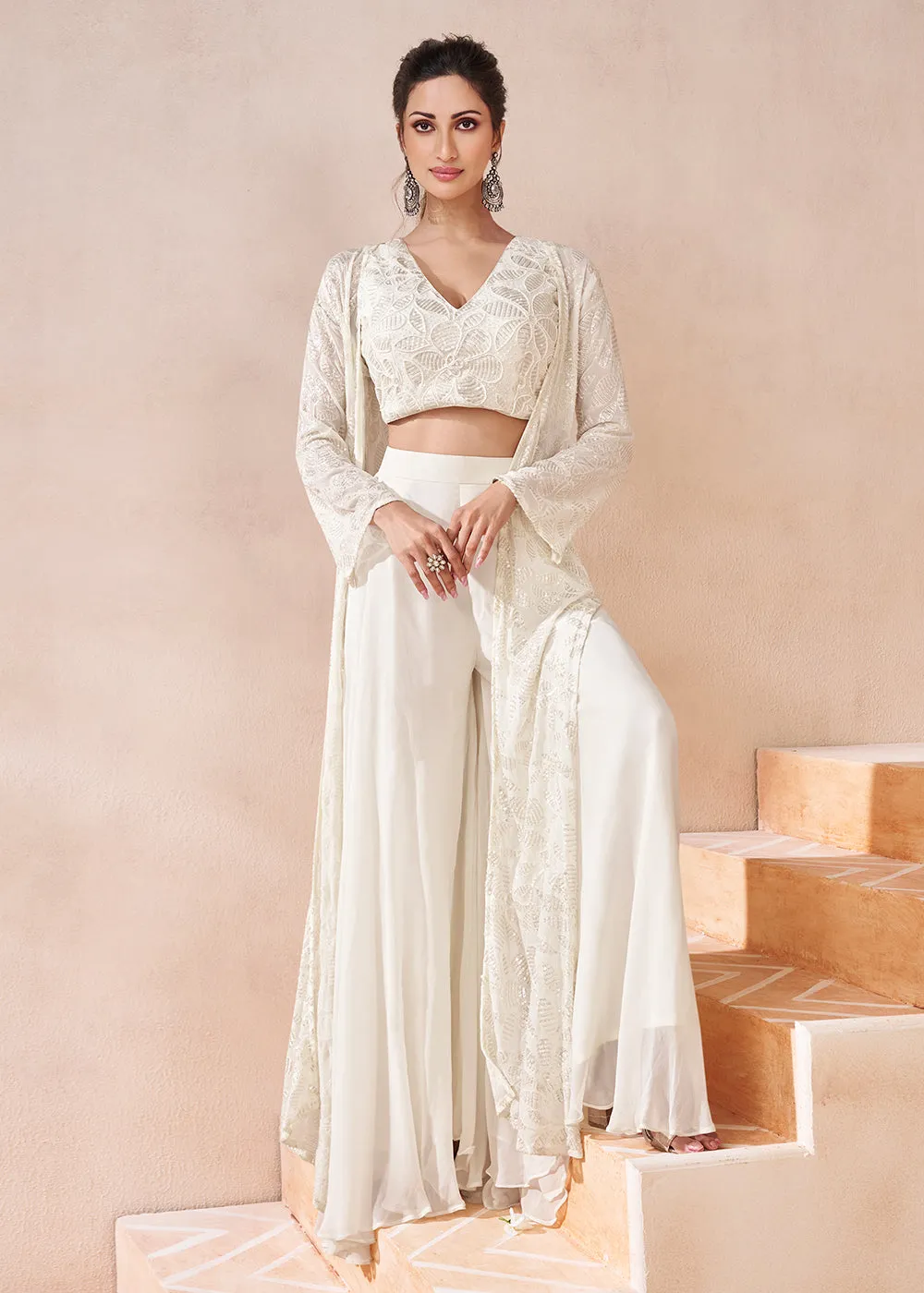 Real Georgette White Indo Western Palazzo Suit