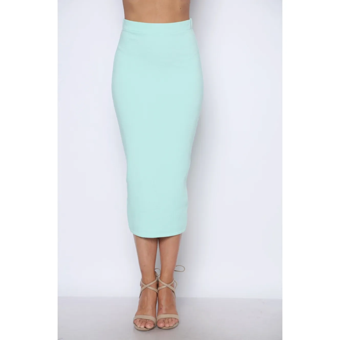 Ribbed Pastel Midi Pencil Skirt