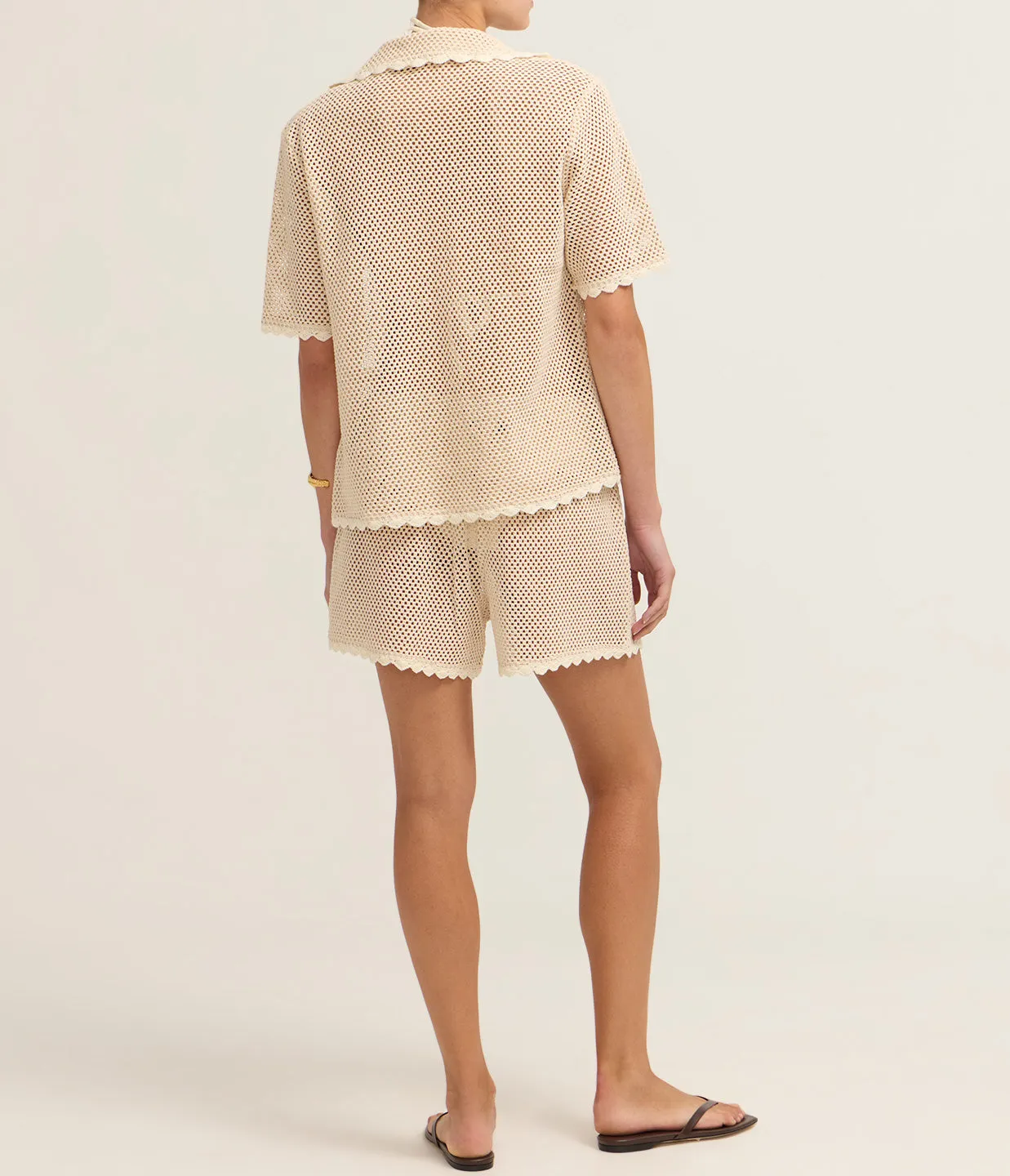 Sally Crochet Short Sleeve Shirt in Tan