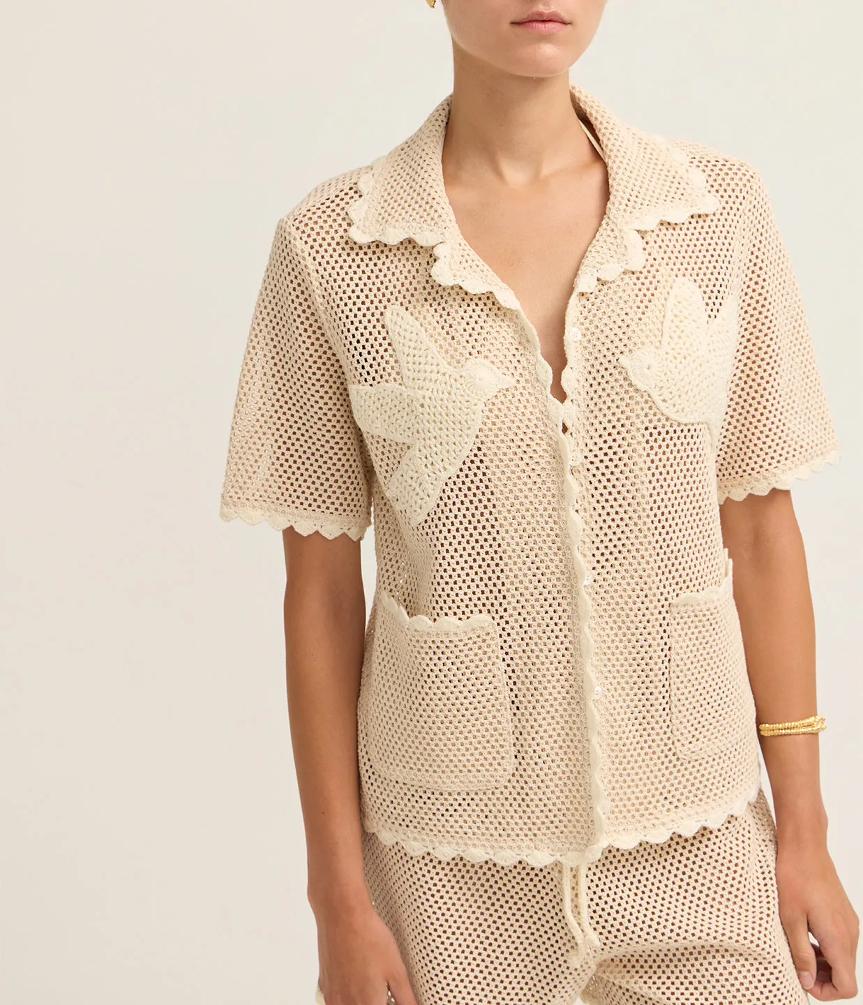 Sally Crochet Short Sleeve Shirt in Tan