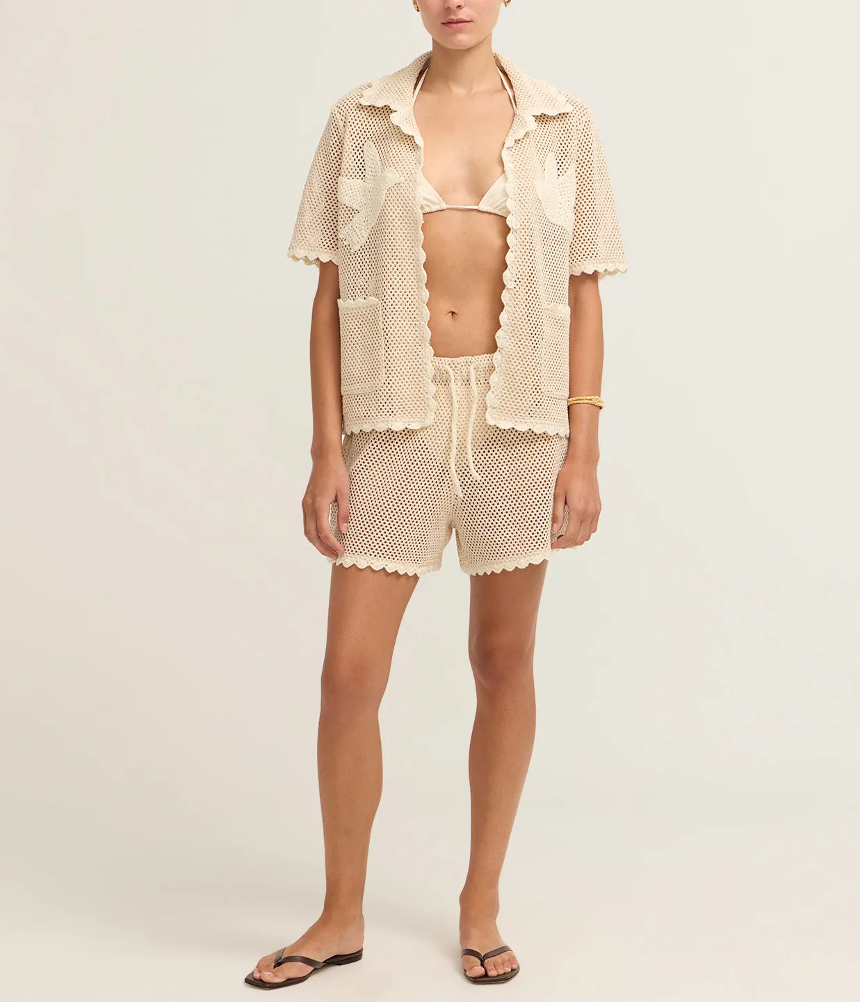 Sally Crochet Short Sleeve Shirt in Tan