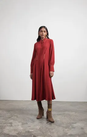 Silk Shirt Dress with Frontal Pleats