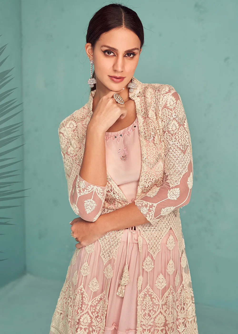 Soft Peach Indo-Western Jacket Style Georgette Skirt Dress
