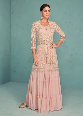 Soft Peach Indo-Western Jacket Style Georgette Skirt Dress
