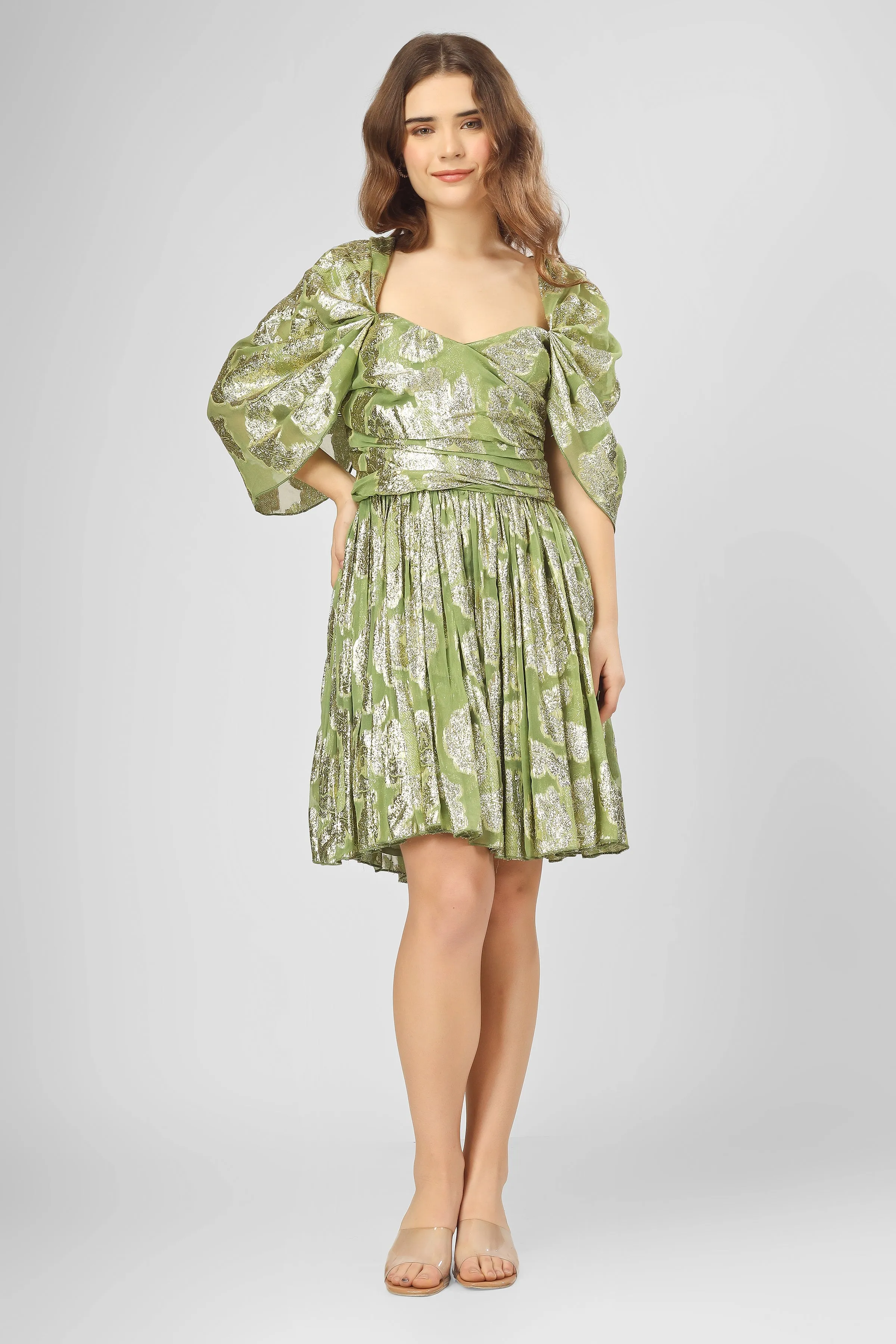 Sydney Metallic Printed Mini Dress in Olive Green