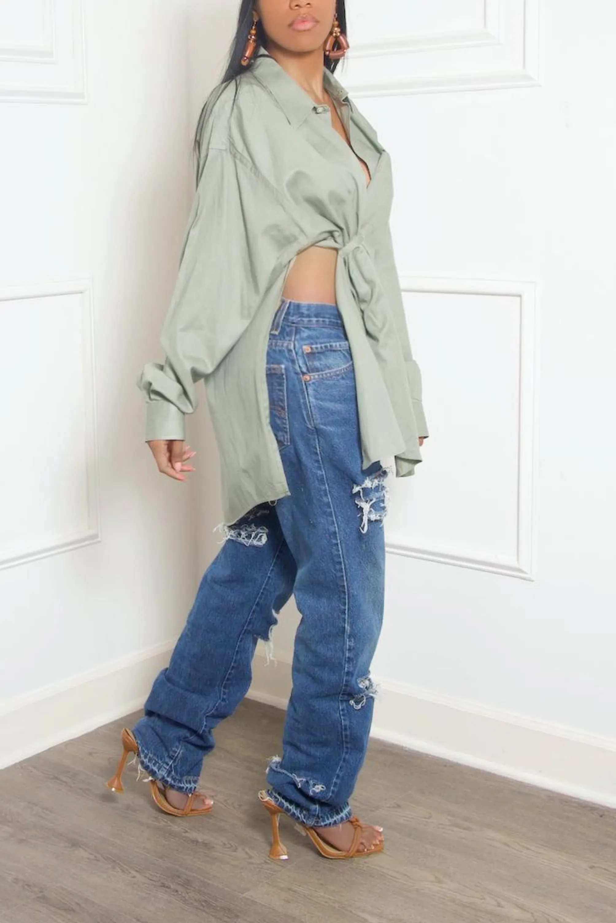 Tea Green button up split crossover Shirt