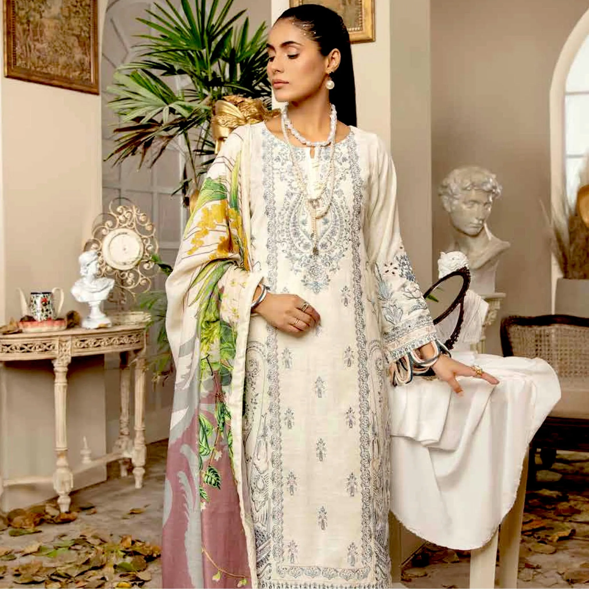 Tehzeeb by Riaz Arts · Embroidered Leather Peach Shirt with Digital Pashmina Shawl – LP-14