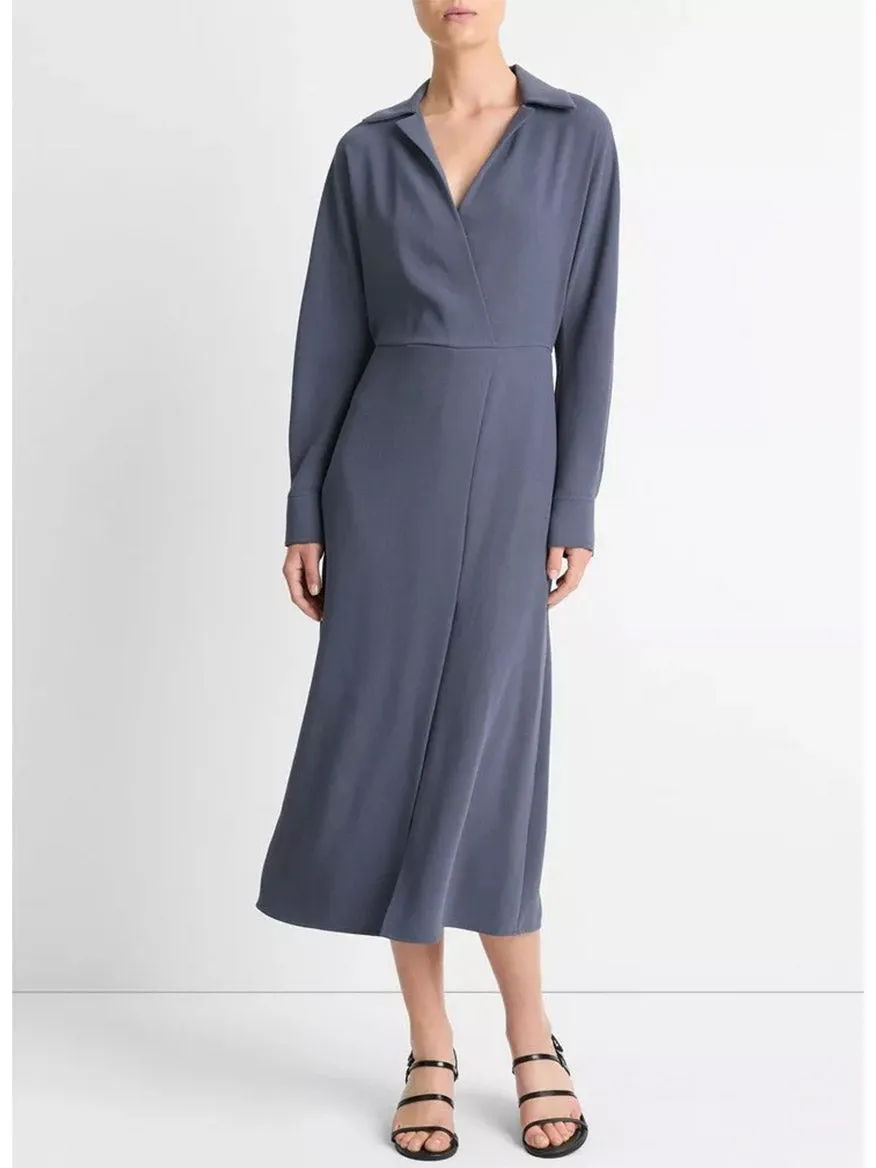 Vince Shaped Collar Dolman-Sleeve Dress in Dark Water
