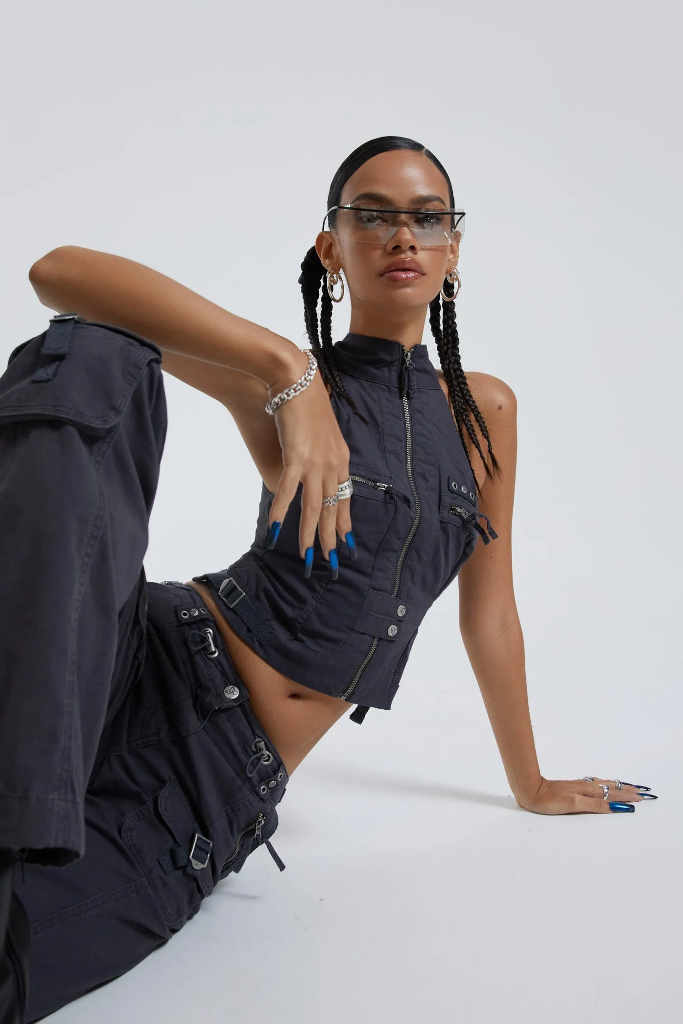 Vintage Grey Cargo Halter Neck Top With Pocket Detail