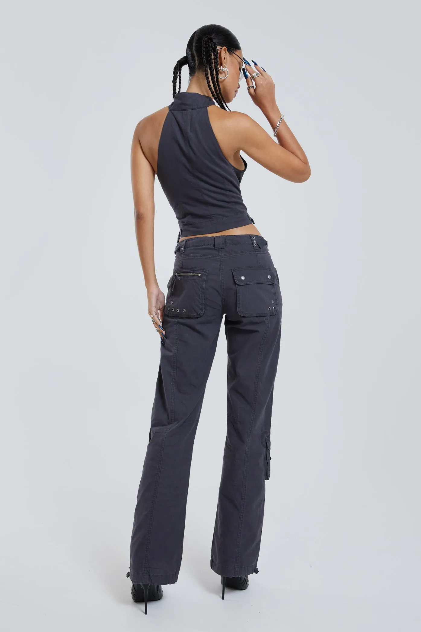 Vintage Grey Cargo Halter Neck Top With Pocket Detail