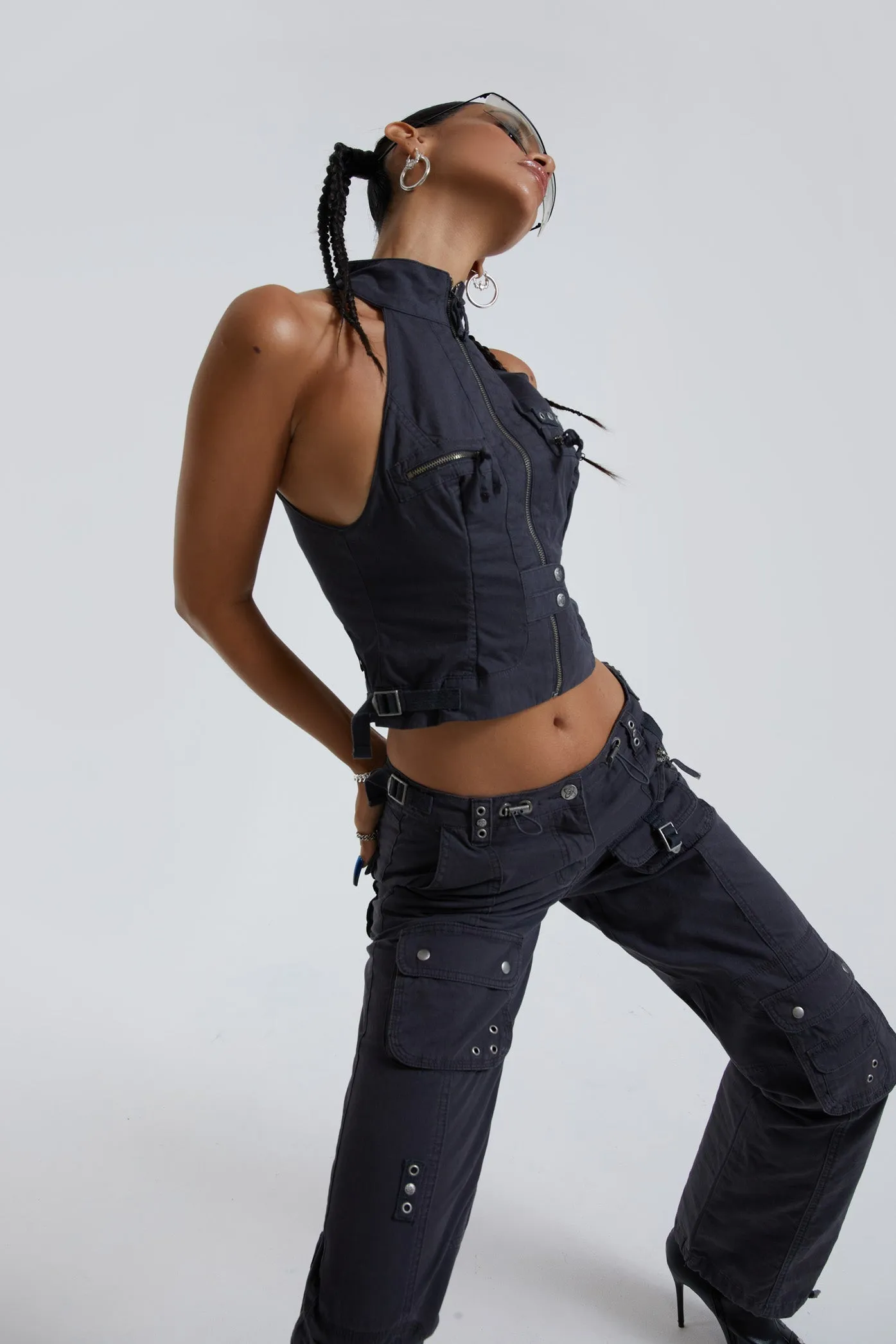Vintage Grey Cargo Halter Neck Top With Pocket Detail