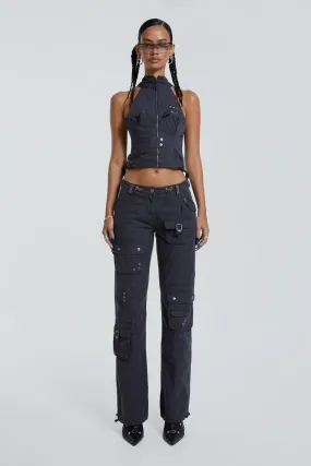 Vintage Grey Cargo Halter Neck Top With Pocket Detail