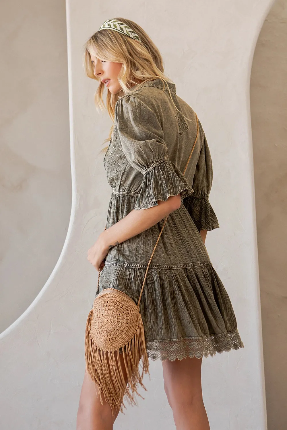 Vintage Romance: Stone-Washed Baby Doll Dress with V-Neck