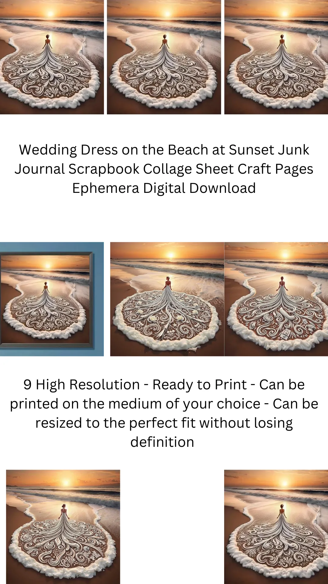 Wedding Dress on the Beach at Sunset AI Created Digital DIY Printable Canvas Poster Art Craft Supply Download, Print, and Edit on your PHONE