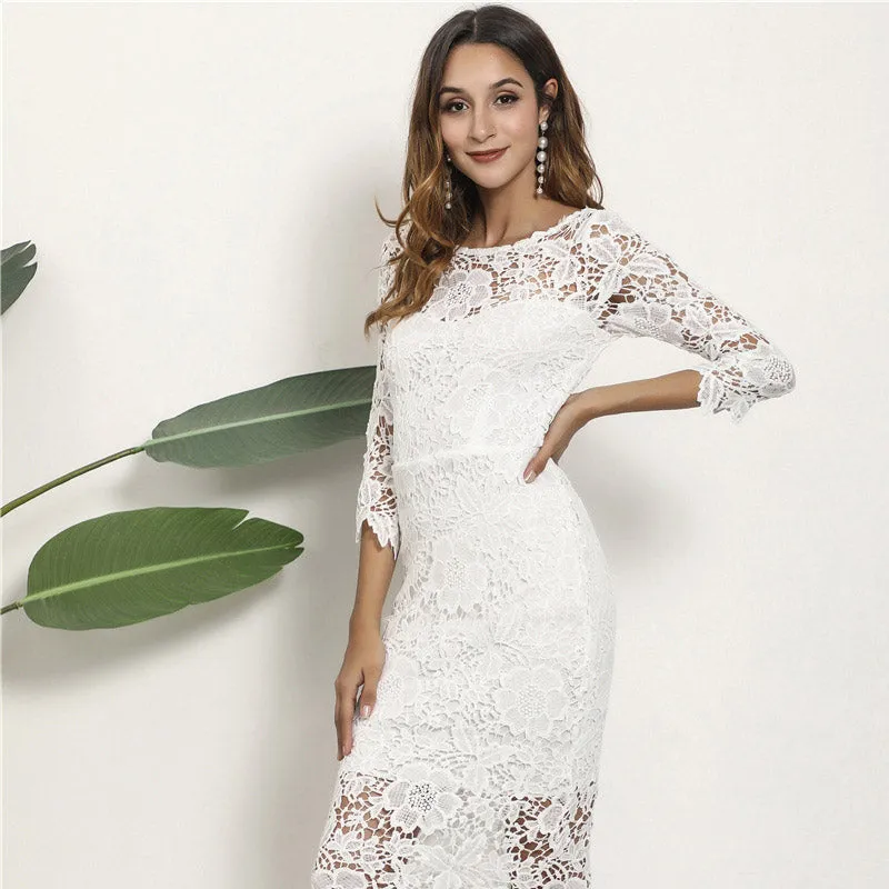 Women Lace Wedding Dress Sexy Lace Long Sleeve Pencil Skirt Midi Dress