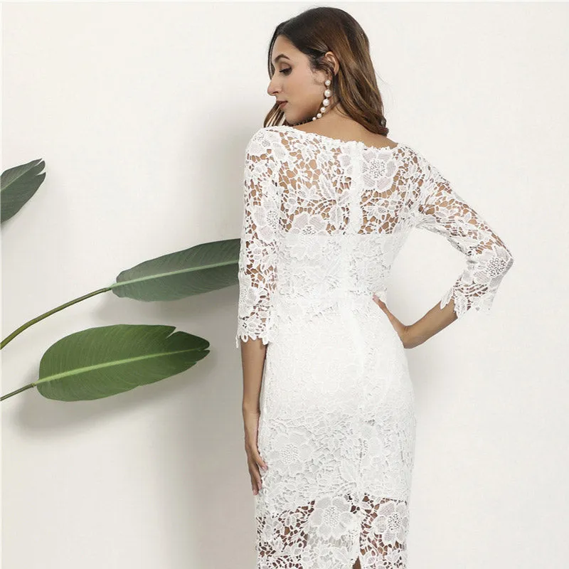 Women Lace Wedding Dress Sexy Lace Long Sleeve Pencil Skirt Midi Dress