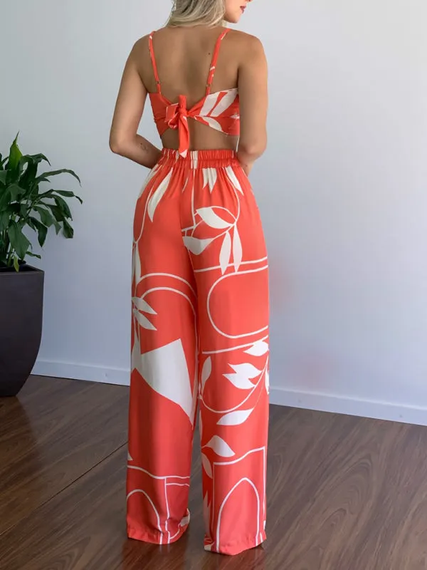 Women's Printed High Waist Wide Leg Trouser And V-Neck Crop Top Set