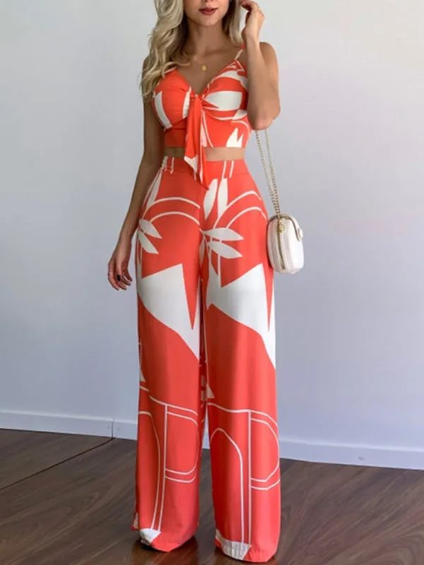 Women's Printed High Waist Wide Leg Trouser And V-Neck Crop Top Set