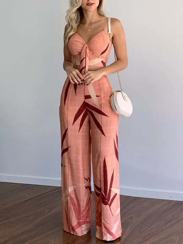 Women's Printed High Waist Wide Leg Trouser And V-Neck Crop Top Set