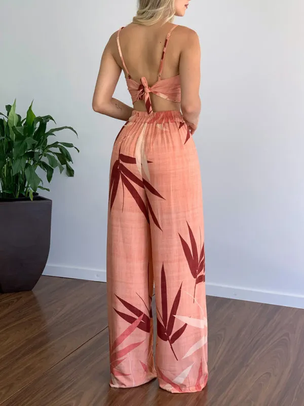 Women's Printed High Waist Wide Leg Trouser And V-Neck Crop Top Set